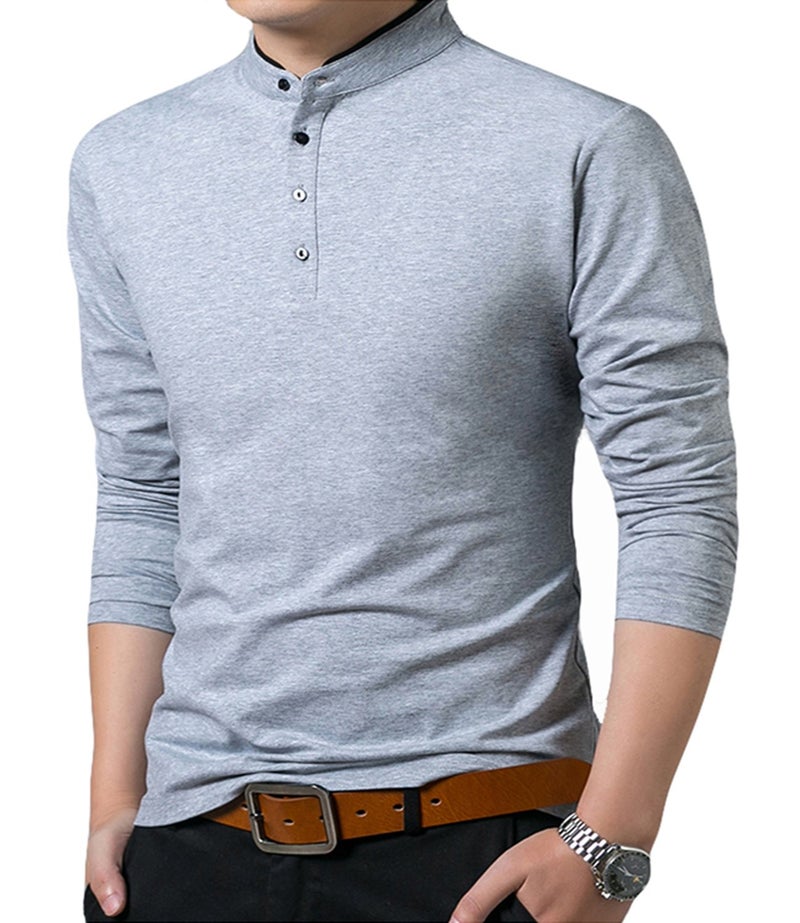 KUYIGO Men's Casual Slim Fit Shirts Long Sleeve Polo Mandarin Collared Lightweight T-Shirts Grey 2X-Large - Image 3